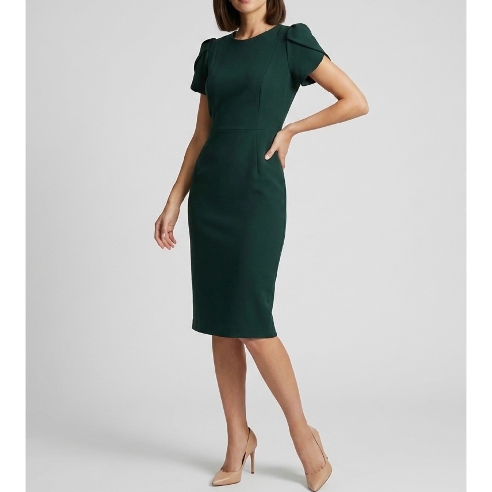 Calvin Klein Women Tulip Sleeve Sheath Dress Size 10 Emerald Green Scuba Knit